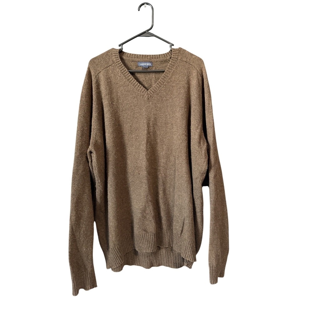 Lands' End Men's XL Tall Merino Wool Blend V Neck Sweater‎ Brown
